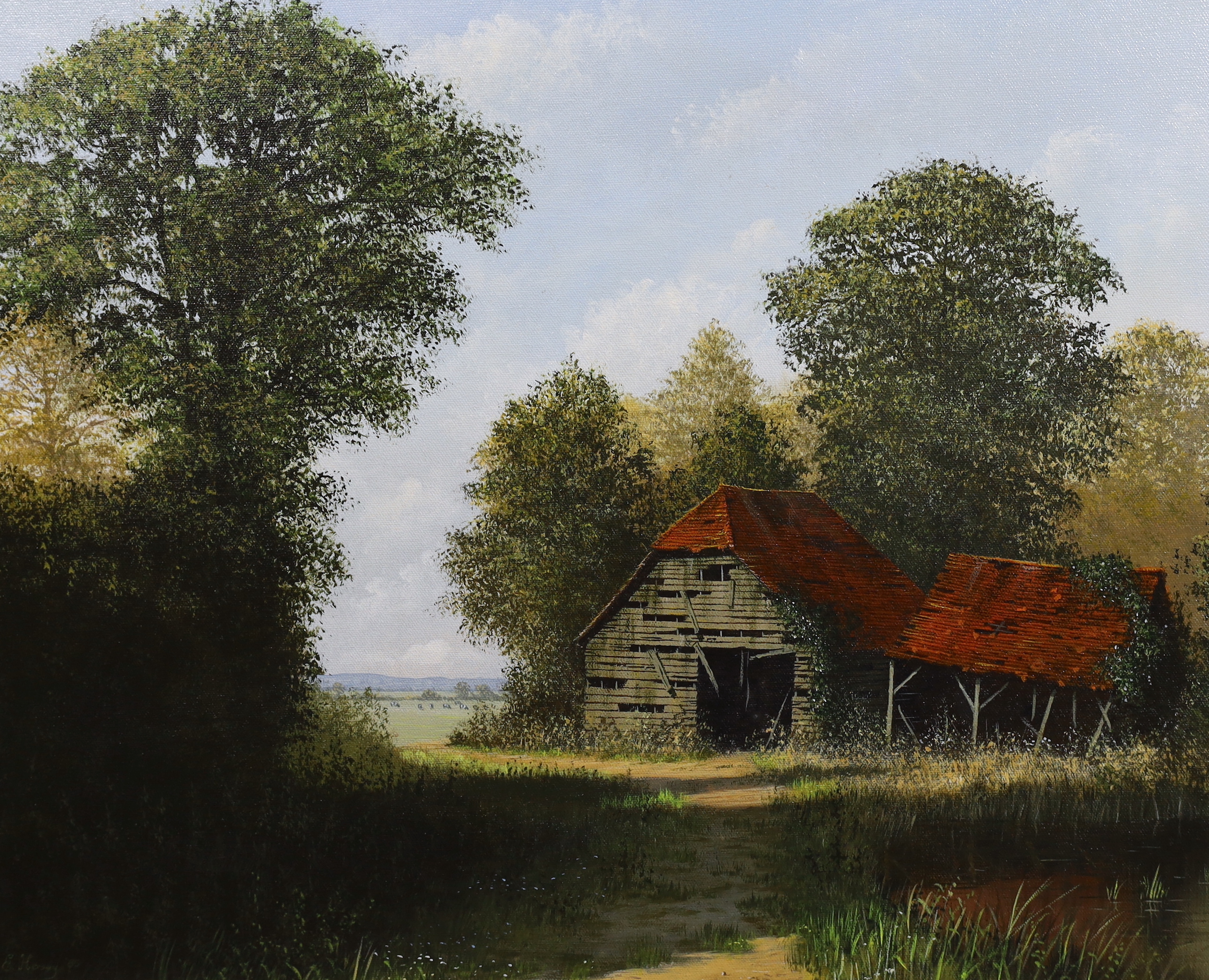 Edward Hersey (English, b.1948), Barn in a landscape, oil on canvas, 45 x 55cm